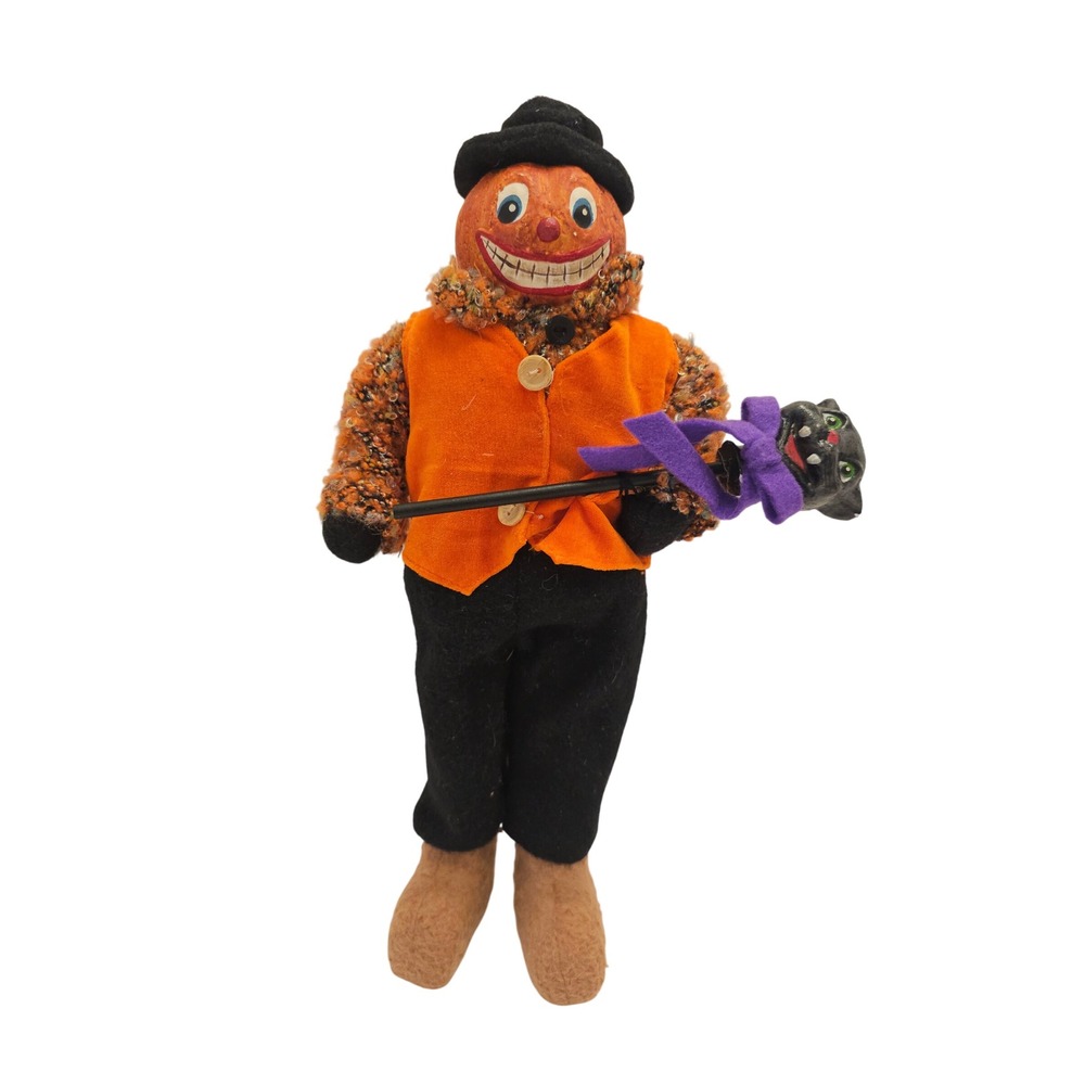 Vintage Style Halloween Pumpkin Man Figurine Black Cat Staff Folk Art 12.5"